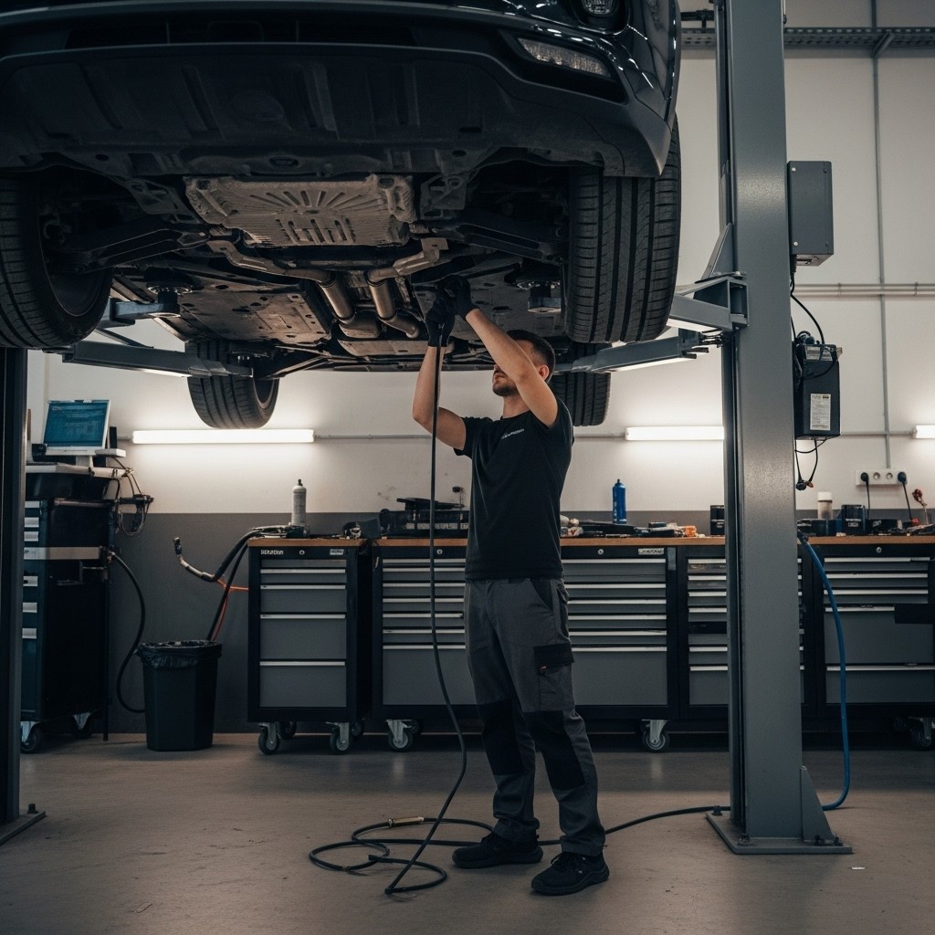 Atech Transmission - Transmission Replacement. Car on lift with mechanic working.